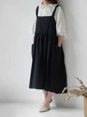 Miniatura 4 de Delantal japonés de lino de algodón con espalda cruzada para mujer con bolsillos Negro (agrandar y alargar)