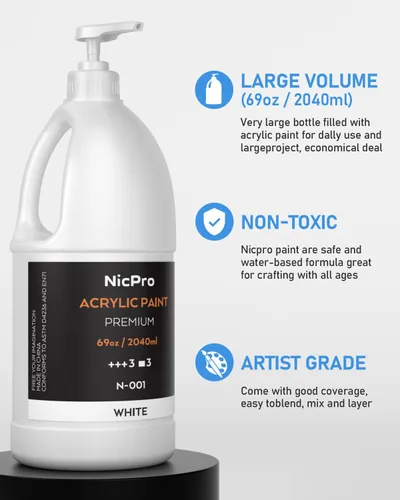 Miniatura 2 de Nicpro Juego de pintura acrílica blanca grande (69 onzas, 69.0 fl oz), suministros de pintura artística no tóxicos para múltiples superficies, Blanco