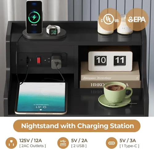 Miniatura 4 de ADORNEVE Mesita de noche grande con estación de carga, mesita de noche negra para dormitorio, mesa auxiliar alta con aparador y 4 cajones, mesa