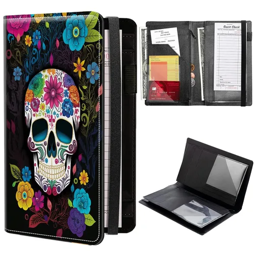 Miniatura 22 de Libros de calaveras para camarera, de piel sintética, con cierre de vendaje elástico, organizador con bolsillo con cremallera, 11 bolsillos