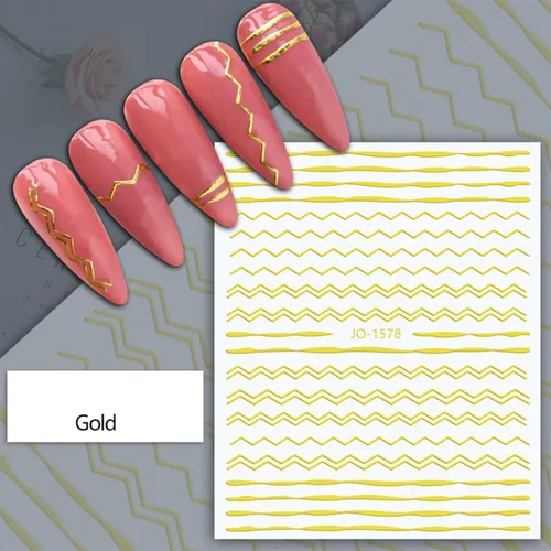 Miniatura 5 de 12 hojas de calcomanías de uñas doradas, calcomanías de uñas autoadhesivas 3D de metal con diseño de rayas geométricas onduladas, diseños de arte