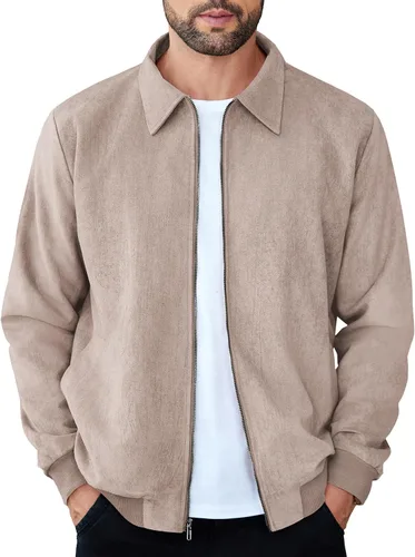 Miniatura 9 de COOFANDY Chaqueta bomber casual de ante para hombre, ligera, con cremallera completa, chaqueta de piel sintética vintage