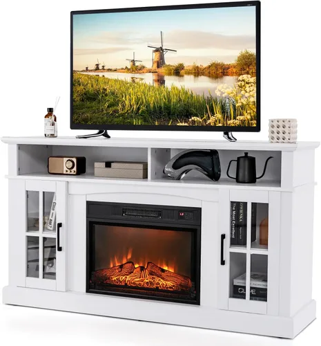Miniatura 11 de GOFLAME Soporte de TV de 58 pulgadas con inserto de chimenea eléctrica, centro de entretenimiento con chimenea con armarios laterales y estantes