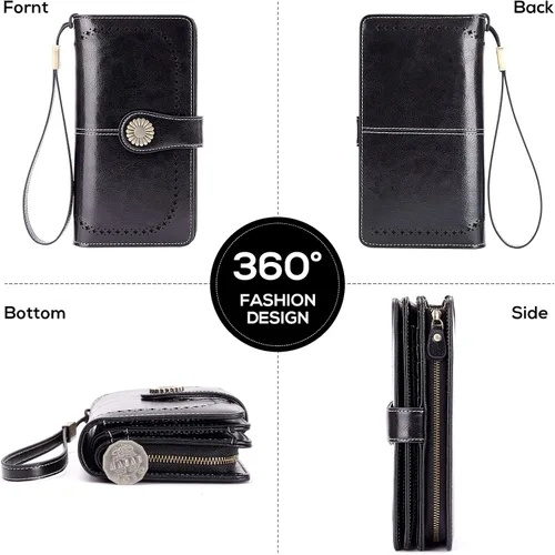 Miniatura 5 de INSIFEEL Carteras para mujer de gran capacidad con protección RFID monedero de cuero genuino Negro Retro