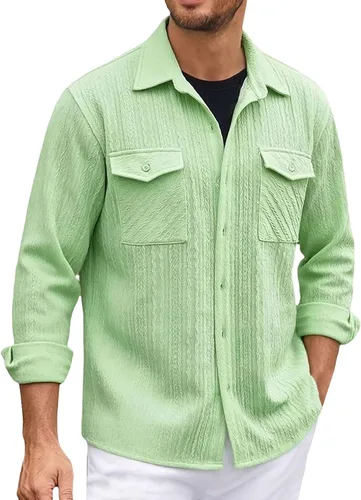 Miniatura 26 de Camisas con botones para hombre, casual, de manga larga, con cuello jacquard, texturizada, ligera, sobrecamisa, sobrecamisa