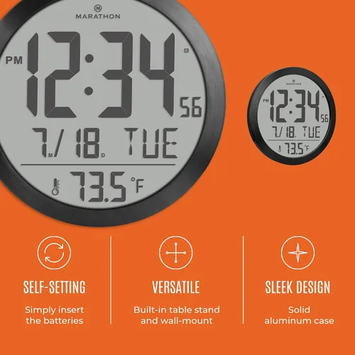 Miniatura 3 de MARATHON Reloj de pared digital moderno negro – Pantalla fácil de leer de 15 pulgadas con día, fecha y temperatura para oficina en casa, cocina