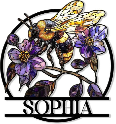 Miniatura 6 de Letrero de metal personalizado de abeja, cartel colgante de abeja de miel, porche de bienvenida al aire libre, valla de pared con nombre