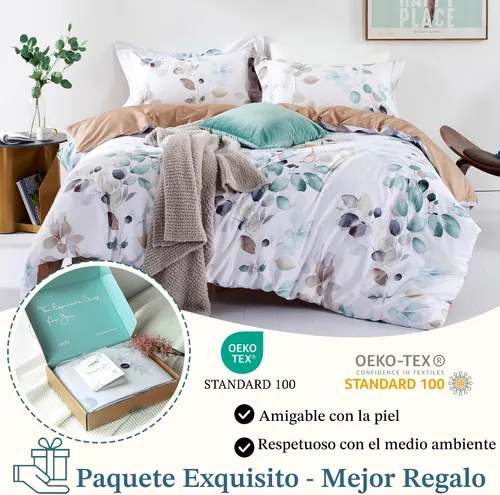 Miniatura 7 de MILDLY Juego de funda de edredón 100% algodón de fibra larga con patrón de hojas verdes estampado, funda de edredón suave y transpirable, juego