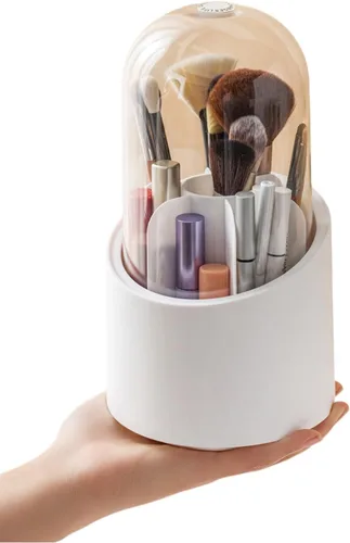 Fantasee Organizador de brochas de maquillaje giratorio de 360°, almacenamiento de 7 compartimentos con cubierta transparente a prueba de polvo,