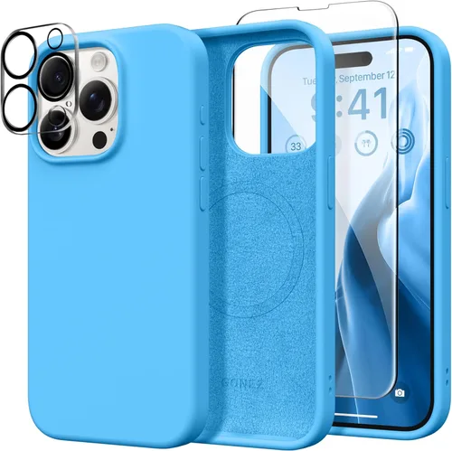 Miniatura 90 de GONEZ Funda de silicona para iPhone 14 Pro Max, compatible con MagSafe, con protector de pantalla + protector de lente de cámara, silicona líquida a