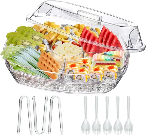 Miniatura 7 de Bandeja de condimentos refrigerados, cesta de frutas de bar con tapa y 5 compartimentos extraíbles, bandeja transparente para servir condimentos