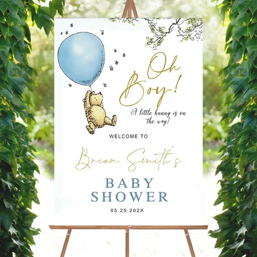 Miniatura 19 de Letrero personalizado para baby shower de oso Pooh, diseño clásico de vegetación personalizada, letrero de bienvenida para patio de baby shower