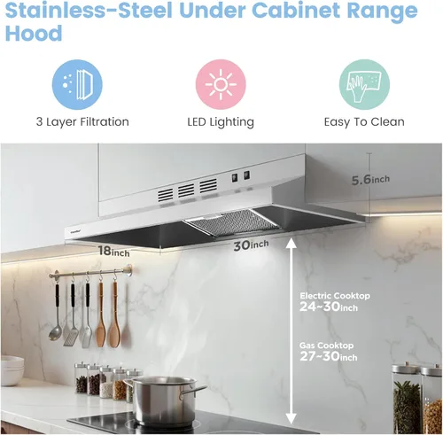 Miniatura 3 de Comfee CVU30W2AST Campana extractora de 30 pulgadas con conducto/sin conducto, campana de ventilación duradera de acero inoxidable para debajo