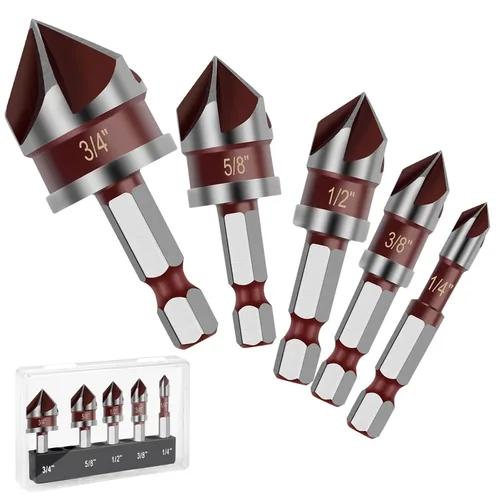 Miniatura 7 de Juego de 5 brocas avellanadoras para metal – HSS de 1/4 a 3/4 pulgadas con vástago de 1/4 de pulgada, broca avellanadora para encimera