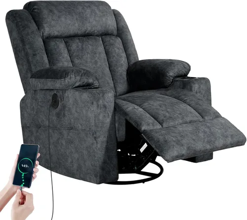 Miniatura 10 de LAFWELL Rocking Recliner Chair, Massage Rocker with Vibration Massage and Heat, USB and Type-C Ports, 360 Swivel Faux Leather Chair for Living Room