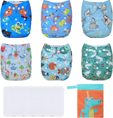 Miniatura 13 de TDIAPERS Pañales de tela reutilizables, lavables, de bolsillo, talla única, ajustable para pañales de tela a presión, paquete de 6 con 6 insertos