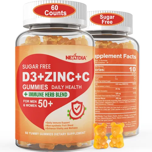 Gomitas de vitamina C + D3 + zinc sin azúcar para adultos mayores de 50 años, suplemento de defensa inmunológica 9 en 1 con D3 5000IU, saúco,