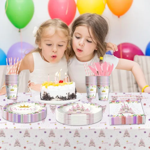 Miniatura 6 de Vajilla para decoración de fiesta de princesa, suministros para fiesta de cumpleaños de princesa, incluye platos, vasos, servilletas, mantel