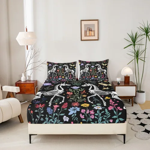 Miniatura 3 de Erosebridal Sábanas de cama de polilla de la muerte, sábana bajera ajustable de calavera gótica, tamaño individual, sábanas florales de flores