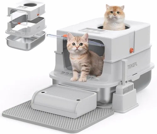 Caja de arena para gatos de acero inoxidable, entrada superior cerrada con tapa abatible de 180°, bandeja de arena extragrande antifugas para gatos