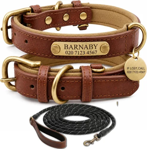 Miniatura 19 de Collar de cuero para perro personalizado y juego de correa, personalizado con diseño acolchado suave y resistente con placa de nombre grabada