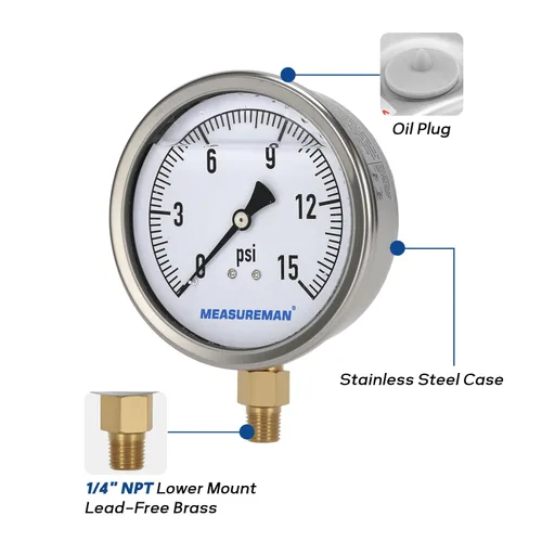 Miniatura 5 de MEASUREMAN Manómetro de plomería relleno de glicerina 0-15psi caja de acero inoxidable, esfera de 4 pulgadas, montaje inferior de latón NPT de 1/4