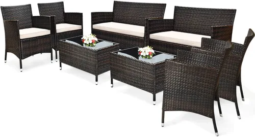 Miniatura 18 de Juego de sofá de patio de 4 piezas, juego de conversación de mimbre con respaldo ergonómico curvo, juego de muebles de ratán para patio con cojín