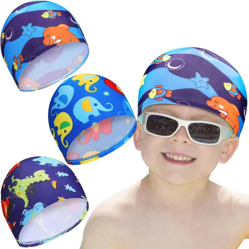 Geyoga Gorros de natación para niños, 3 piezas, unisex, de poliéster, para piscina, gorra de verano para niños y niñas, pelo largo y corto