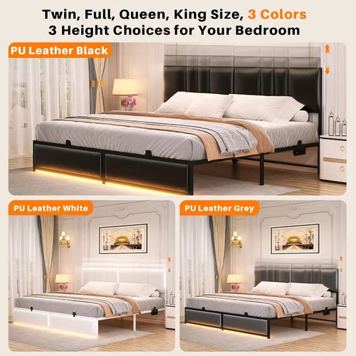 Miniatura 7 de Besiost Base de cama tamaño King con cabecera ajustable de 3 alturas, cama de plataforma tapizada de cuero con luz LED y estación de carga, soporte