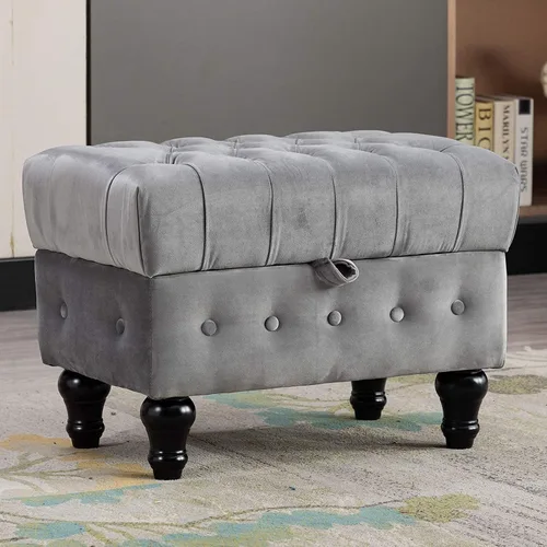 Miniatura 11 de Mesa de Centro Otomana de Almacenamiento Rectangular, Reposapiés Otomana de Dormitorio con Tapicería de Terciopelo Abotonado Capitoné para Sala