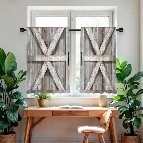Miniatura 4 de Barn Door Printed Polyester Short Kitchen Curtains 27.5" W x 36" L, Rod Pocket Rustic Wood Door Curtains, Small Decorative Window Curtains for