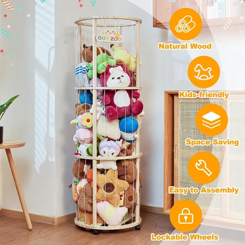 Miniatura 3 de Almacenamiento de animales de peluche con ruedas, organizador de juguetes de madera con capacidad extragrande, soporte de felpa que ahorra espacio