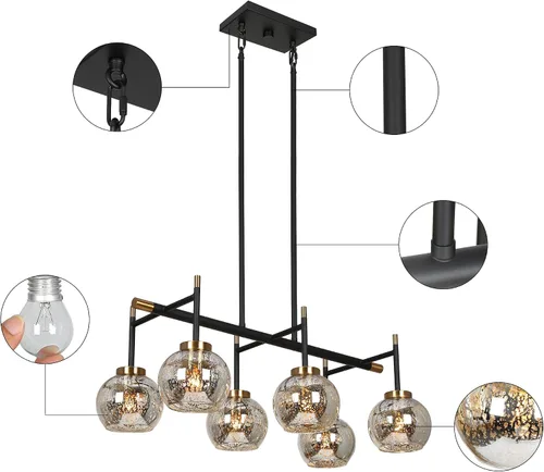 Miniatura 3 de KSANA Lámpara de comedor, candelabro moderno de metal negro dorado para isla de cocina con pantallas de vidrio mercurio, 27.5