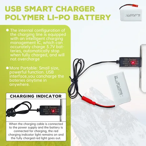 Miniatura 6 de Batería Lipo de 3.7 V 1200 mAh 25C con cable de carga USB con enchufe JST para MJX T04 T05 T25 V2400HD V2450FPV V2450GPS X900 X9TW RC Quadcopter