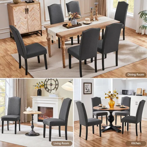 Miniatura 9 de Yaheetech Juego de 6 sillas de comedor tapizadas, sillas de cocina modernas con adornos de cabeza de clavo y patas de madera maciza para comedor
