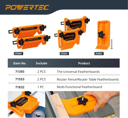 Miniatura 8 de POWERTEC 71832-P2 Guía de Plumas Apilable para Sierra de Mesa, Mesa de Router y Sierra de Cinta, Montaje Universal para Ranura en T y Ranura