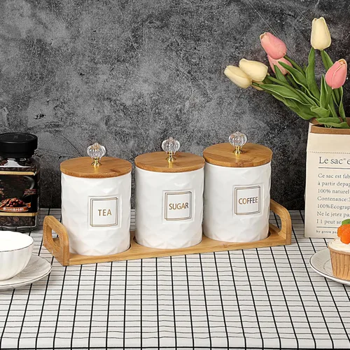 Miniatura 8 de JUXYES Juego de 3 Botes de Cerámica para Azúcar, Café, Té con Bandeja con Asa, Lujosos Juegos de Contenedores de Almacenamiento con Tapas, Frascos