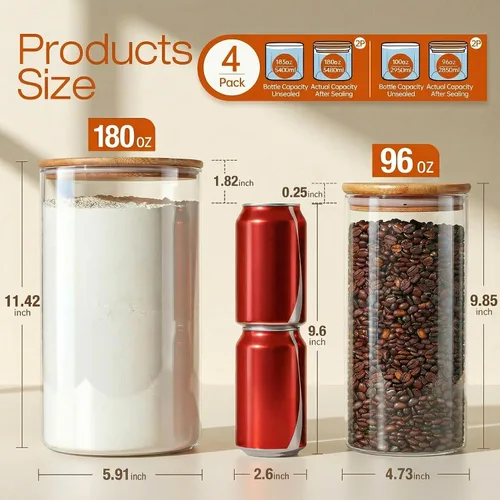 Miniatura 3 de HomArtist Juego de 4 recipientes grandes de vidrio para harina y azúcar, 180oz x2 & 93oz x2, recipientes de vidrio para almacenamiento de alimentos