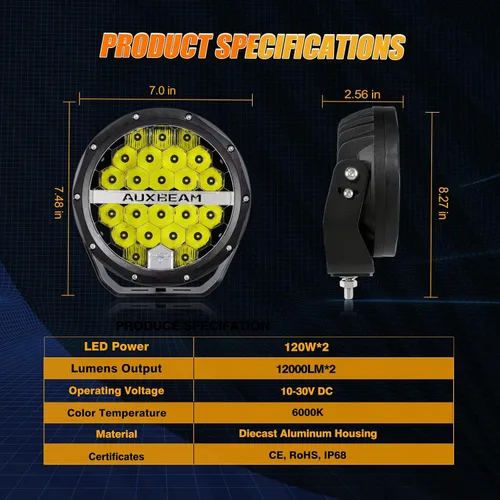 Miniatura 5 de Auxbeam Kit combinado de luces de conducción redondas de 7 pulgadas con cubiertas negras, 240 W, 24000 lúmenes, luces LED impermeables para todo