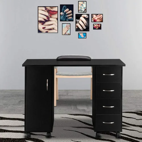 Miniatura 3 de Mesa rodante de manicura, estación de escritorio de uñas, estación de manicura para salón de belleza, equipo de arte de uñas con 4 cajones y Negro