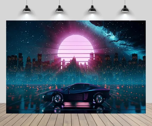 9x6ft Cyberpunk Car Backdrop Retro Futuristic Cyber City Skyscraper Red Moon Punk Racing Car Background Comic Game Racer Punk Birthday Party Decor