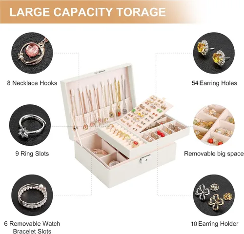 Miniatura 5 de Joyero organizador para mujeres y niñas, 2 capas de cuero, estuche de almacenamiento de joyas de viaje con cerradura y bandeja extraíble