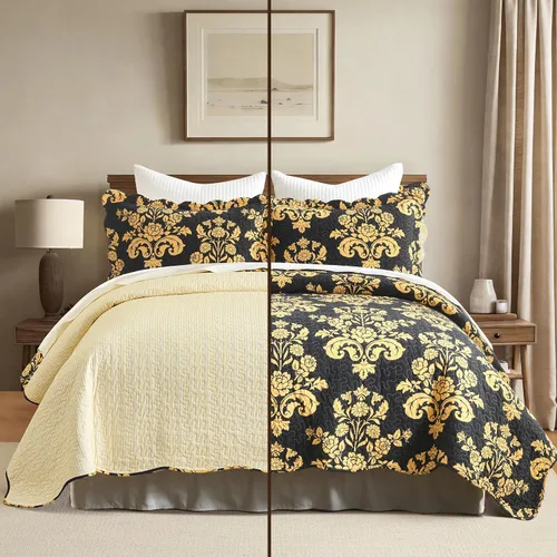 Miniatura 11 de Juego de edredón 100% algodón tamaño Queen de 3 piezas, edredón floral de damasco con 2 fundas, colcha acolchada floral vintage, ropa de cama ligera