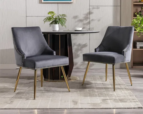 Miniatura 2 de KCC Juego de 2 sillas de comedor de terciopelo con forma de cabeza de clavo con patas doradas para cocina, sala de estar (gris)