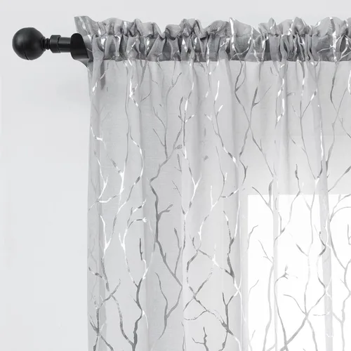 FINECITY - Cortinas de plata traslúcidas de 45 pulgadas de largo - Cortinas impresas de ramas de árbol plateadas metálicas para ventana de cocina