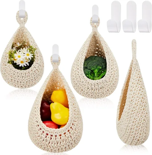 Miniatura 33 de Honeydak Cestas colgantes de pared bohemias para cocina, paquete de 3 cestas de lágrima con ganchos, almacenamiento de frutas, cebollas, verduras
