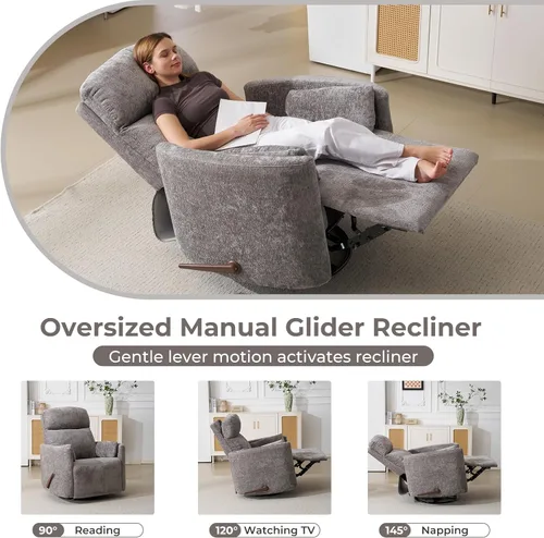 Miniatura 8 de Sillón reclinable mecedor giratorio de gran tamaño con masaje y calor, sillón reclinable giratorio para guardería con reposacabezas ajustable, silla