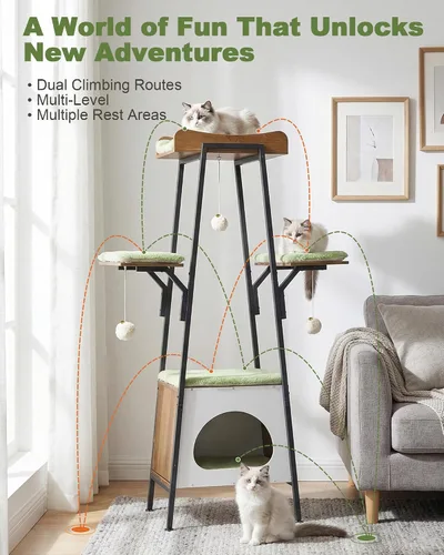 Miniatura 3 de Torre moderna de árbol para gatos de 46 pulgadas para gatos grandes, torre para gatos de varios niveles con bolas de juguete juguetonas, percha