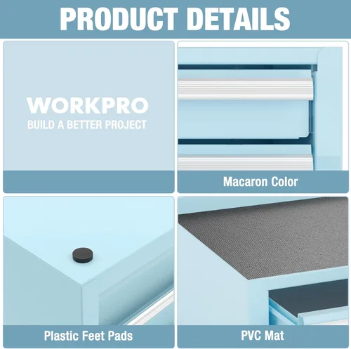 Miniatura 3 de WORKPRO Mini caja de herramientas de 12.5 pulgadas con 2 cajones y 1 almacenamiento superior abierto, pequeño baúl de herramientas de metal con Azul