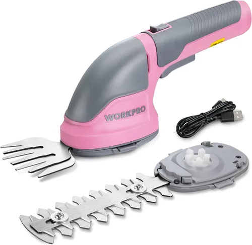 WORKPRO Cortadora de césped inalámbrica y cortadora de arbustos – Cortadora de setos de mano 2 en 1, cortadora de césped eléctrica, tijeras de Rosa